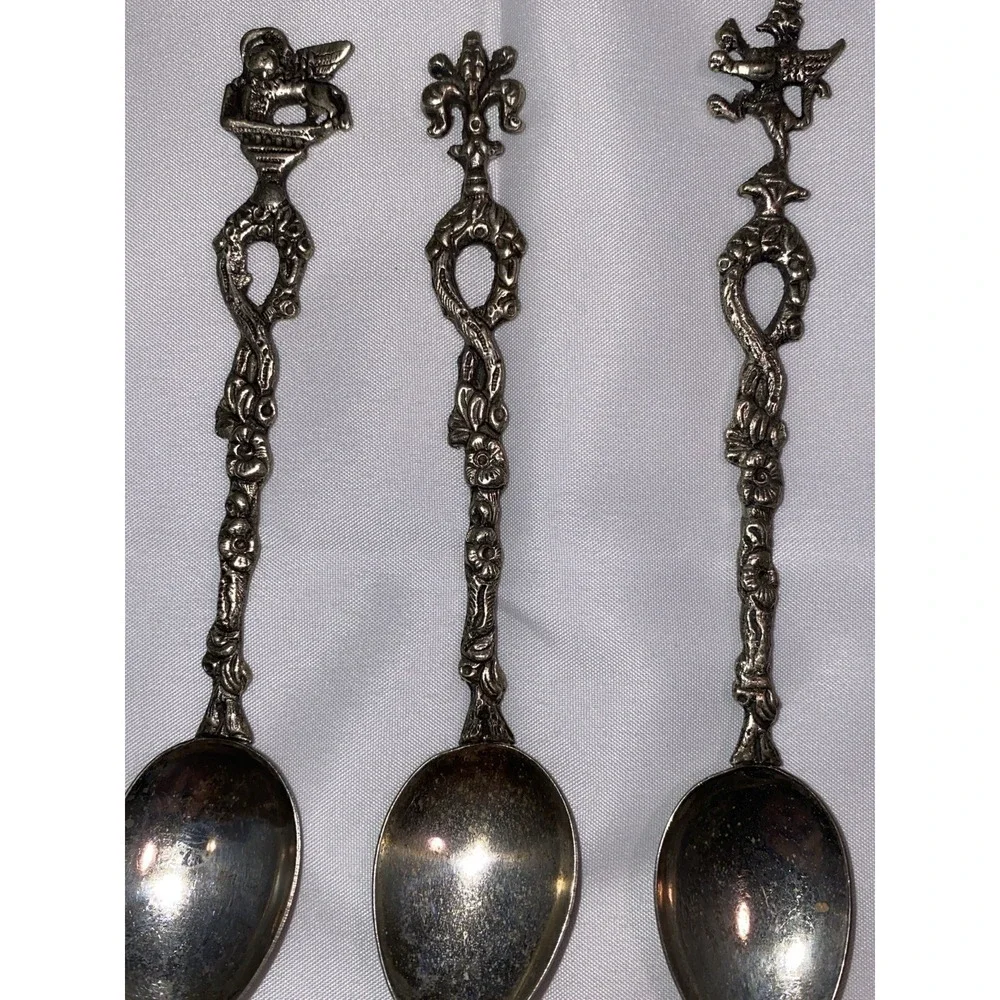 Set of 7 Montagnani Style Italy Stamped Figural Demitasse‎ Spoons Ornate Vintage